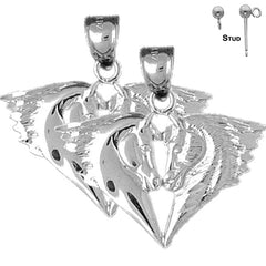 Sterling Silver 28mm Horse Heads Earrings (White or Yellow Gold Plated)