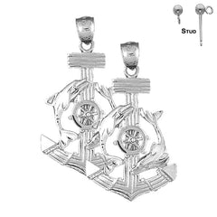 Sterling Silver 47mm Anchor, Ships Wheel, And Dolphin Earrings (White or Yellow Gold Plated)