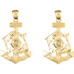 Yellow Gold-plated Silver 47mm Anchor, Ships Wheel, And Dolphin Earrings
