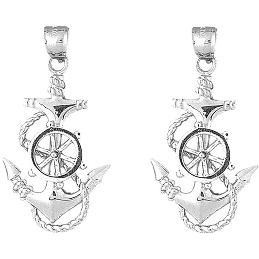 Sterling Silver 50mm Anchor And Ships Wheel Earrings