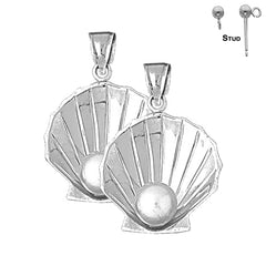 Sterling Silver 35mm Shell With Pearl Earrings (White or Yellow Gold Plated)
