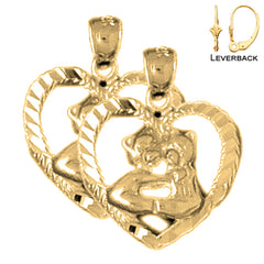Sterling Silver 21mm Teddy Bear In Heart Earrings (White or Yellow Gold Plated)