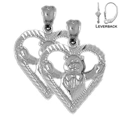Sterling Silver 19mm Teddy Bear In Heart Earrings (White or Yellow Gold Plated)