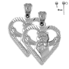Sterling Silver 19mm Teddy Bear In Heart Earrings (White or Yellow Gold Plated)