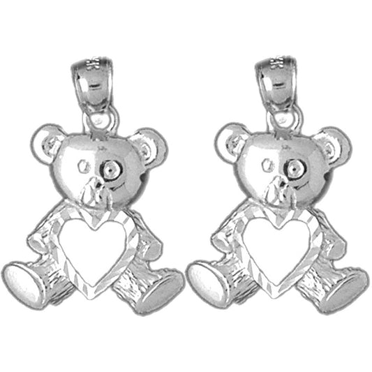 Sterling Silver 23mm Teddy Bear With Heart Earrings