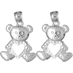 Sterling Silver 23mm Teddy Bear With Heart Earrings