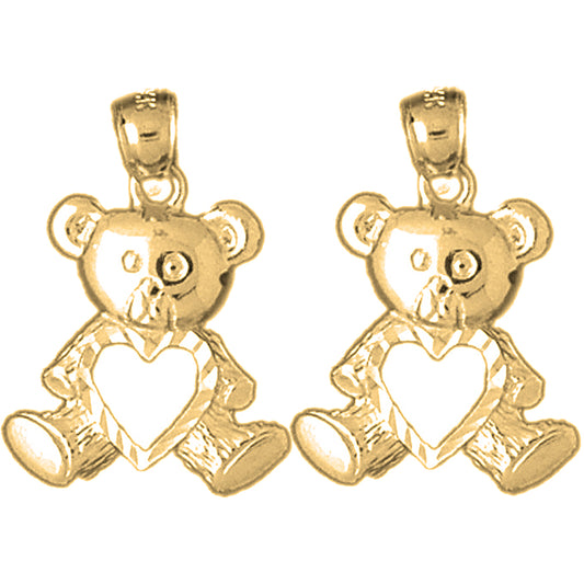 Yellow Gold-plated Silver 23mm Teddy Bear With Heart Earrings