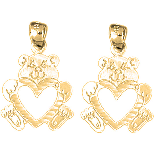 Yellow Gold-plated Silver 21mm Teddy Bear With Heart Earrings