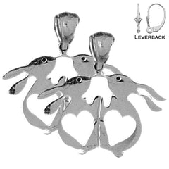 Sterling Silver 23mm Rabbit With Hearts Earrings (White or Yellow Gold Plated)
