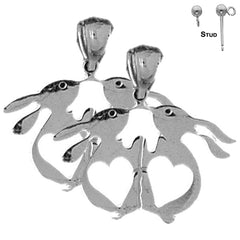 Sterling Silver 23mm Rabbit With Hearts Earrings (White or Yellow Gold Plated)