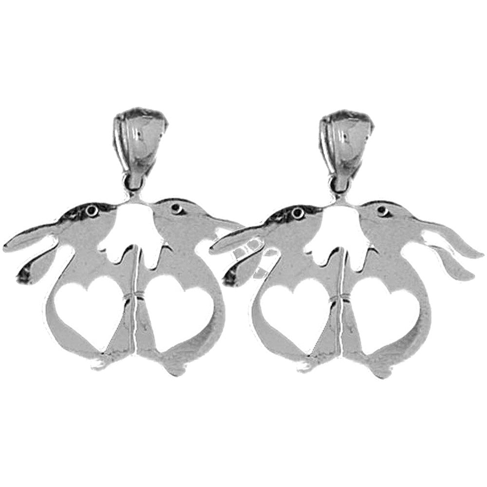 Sterling Silver 23mm Rabbit With Hearts Earrings