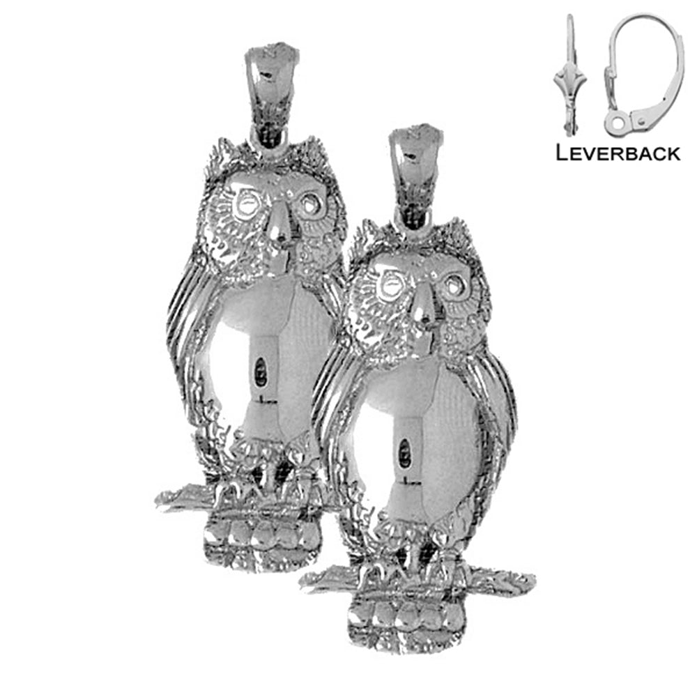 Sterling Silver 40mm Owl Earrings (White or Yellow Gold Plated)