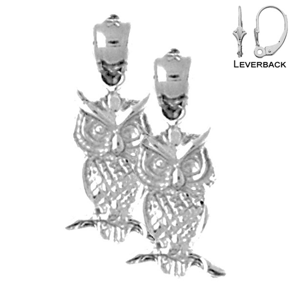 Sterling Silver 20mm Owl Earrings (White or Yellow Gold Plated)