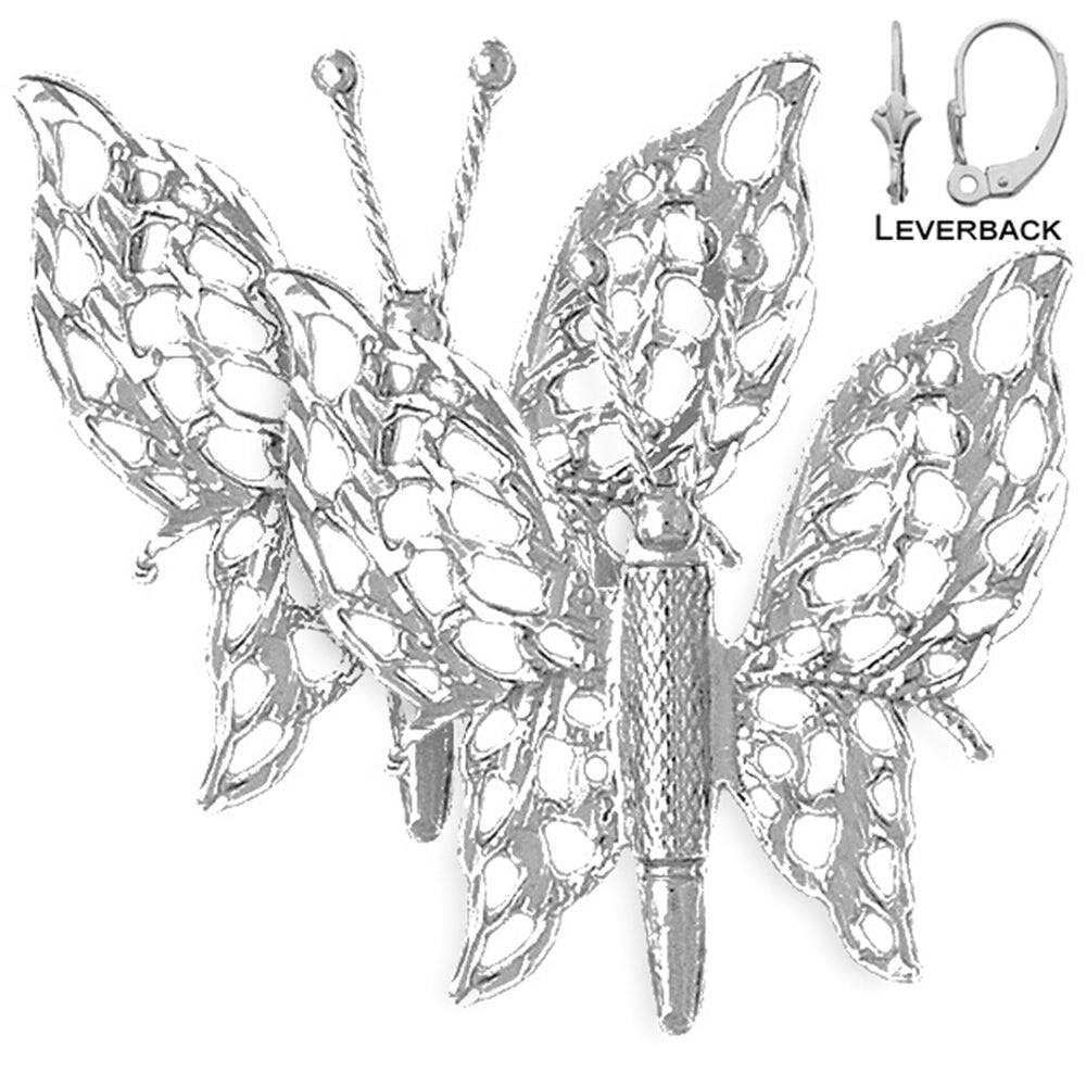 Pendientes de mariposas de plata de ley de 34 mm (chapados en oro blanco o amarillo)