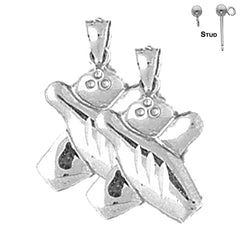 Sterling Silver 22mm Bowling Pin And Ball Earrings (White or Yellow Gold Plated)