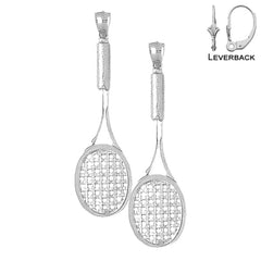Pendientes de raquetas de tenis de plata de ley de 66 mm (chapados en oro blanco o amarillo)
