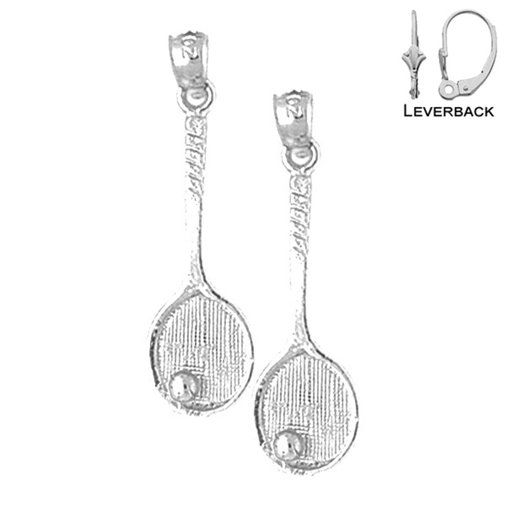 Pendientes de raquetas de tenis de plata de ley de 30 mm (chapados en oro blanco o amarillo)