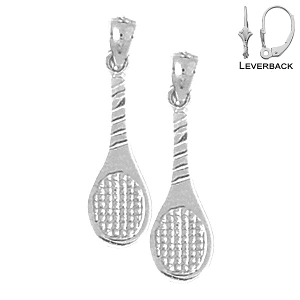 Pendientes de raquetas de tenis de plata de ley de 24 mm (chapados en oro blanco o amarillo)