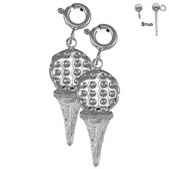 Sterling Silver 25mm Golf Ball On Tee Earrings (White or Yellow Gold Plated)