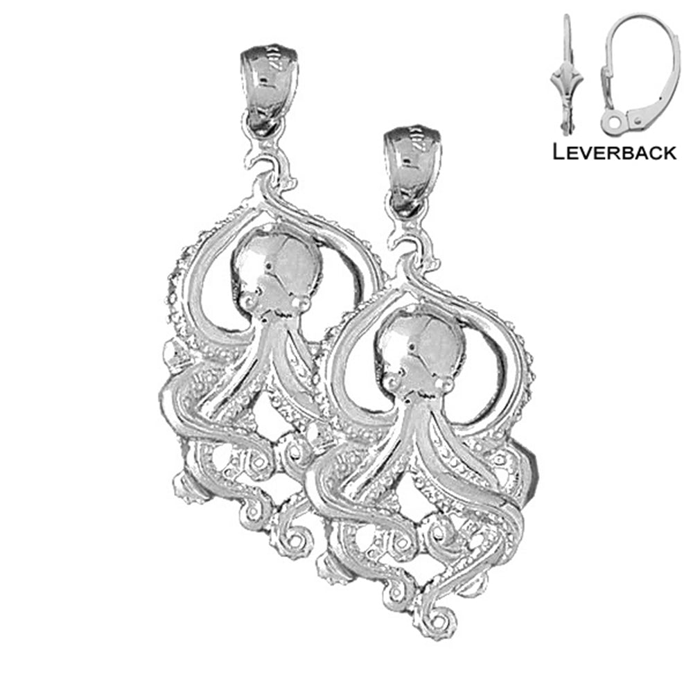 Sterling Silver 43mm Octopus Earrings (White or Yellow Gold Plated)