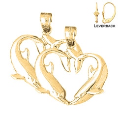 Sterling Silver 27mm Dolphin Heart Earrings (White or Yellow Gold Plated)