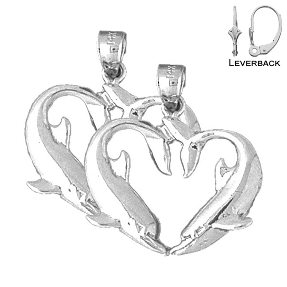 Sterling Silver 27mm Dolphin Heart Earrings (White or Yellow Gold Plated)