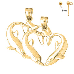 Sterling Silver 27mm Dolphin Heart Earrings (White or Yellow Gold Plated)