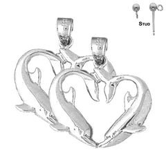 Sterling Silver 27mm Dolphin Heart Earrings (White or Yellow Gold Plated)