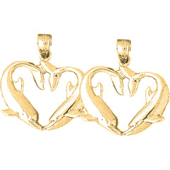 14K or 18K Gold 27mm Dolphin Heart Earrings