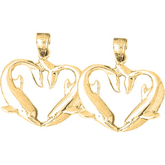 Yellow Gold-plated Silver 27mm Dolphin Heart Earrings