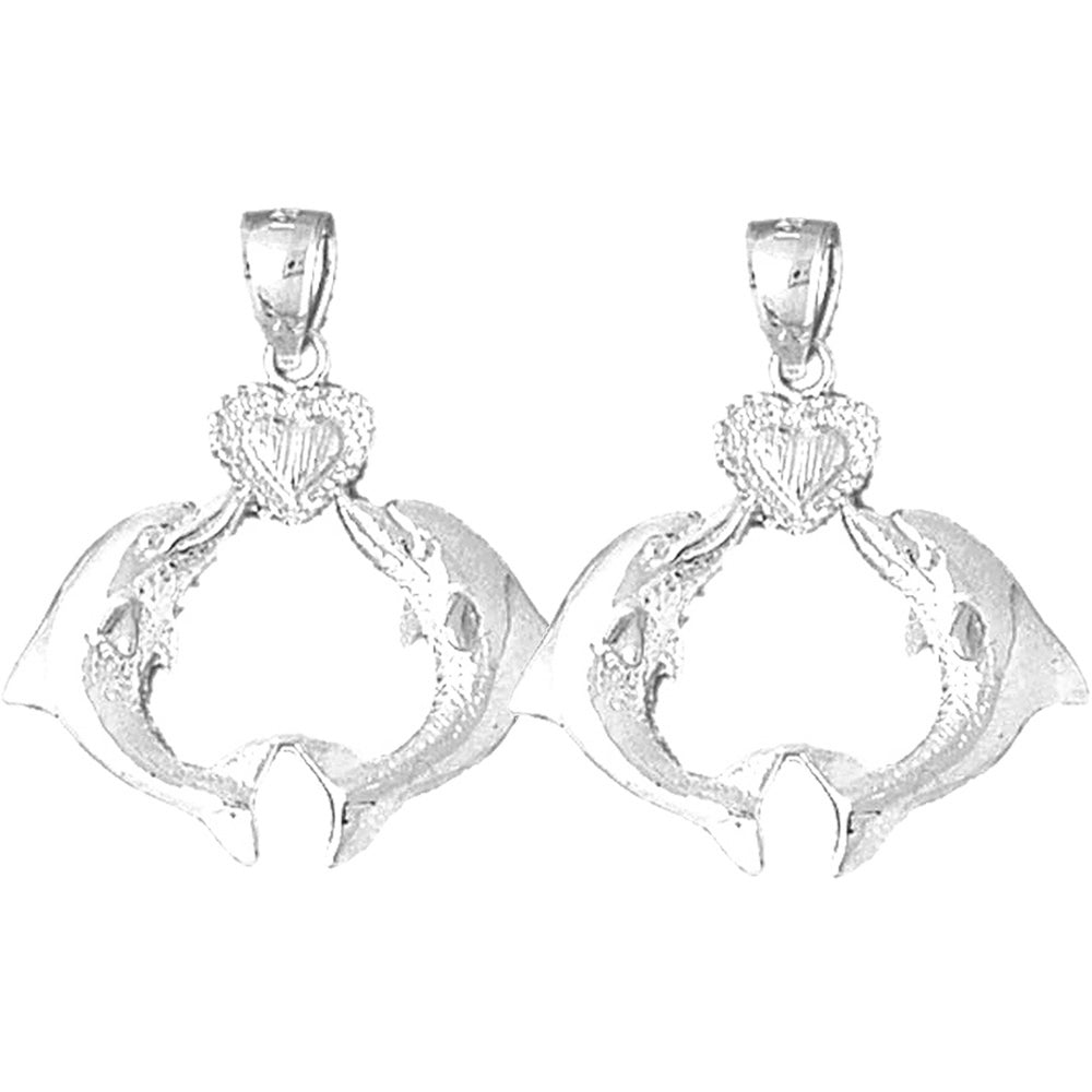 Sterling Silver 27mm Dolphins With Heart Earrings