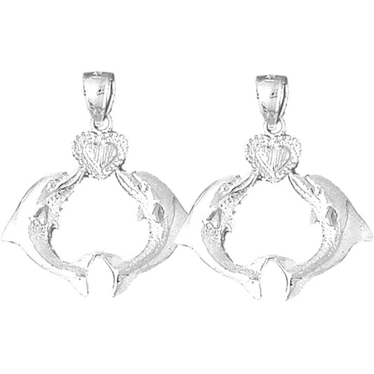 Sterling Silver 27mm Dolphins With Heart Earrings