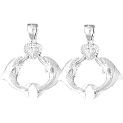 Sterling Silver 27mm Dolphins With Heart Earrings