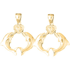 Yellow Gold-plated Silver 27mm Dolphins With Heart Earrings