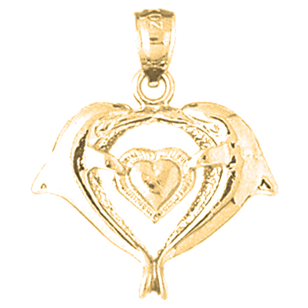 14K or 18K Gold Dolphins With Heart Pendant