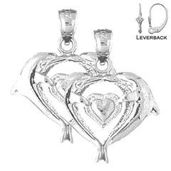 Sterling Silver 26mm Dolphins With Heart Earrings (White or Yellow Gold Plated)