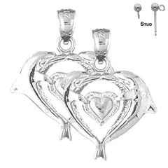 Sterling Silver 26mm Dolphins With Heart Earrings (White or Yellow Gold Plated)
