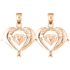 14K or 18K Gold 26mm Dolphins With Heart Earrings