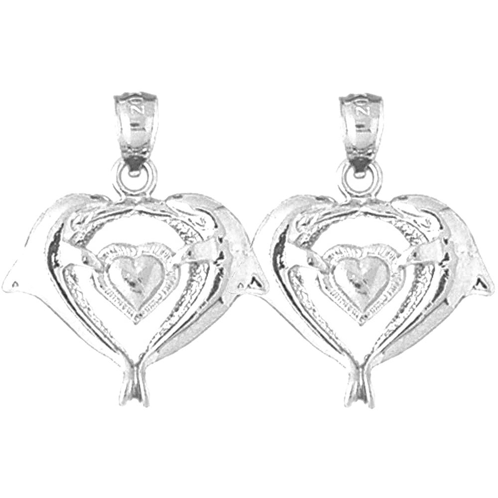 Sterling Silver 26mm Dolphins With Heart Earrings
