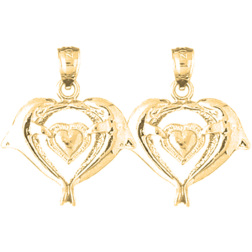 Yellow Gold-plated Silver 26mm Dolphins With Heart Earrings