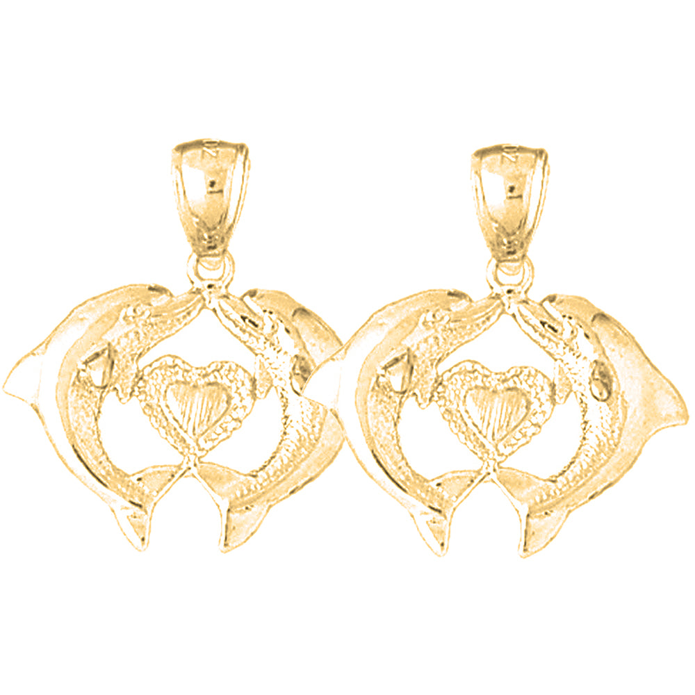 Yellow Gold-plated Silver 25mm Dolphins With Heart Earrings