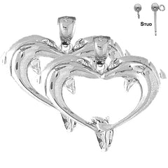 Sterling Silver 29mm Dolphin Heart Earrings (White or Yellow Gold Plated)