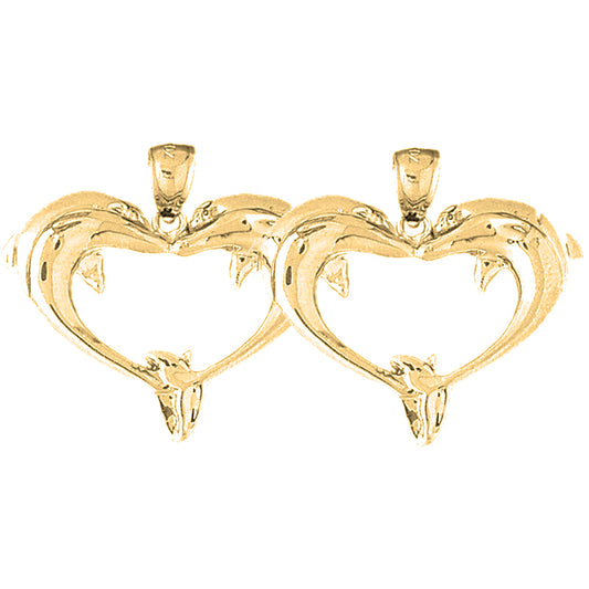 Yellow Gold-plated Silver 29mm Dolphin Heart Earrings