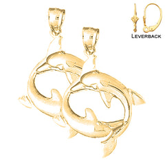 Sterling Silver 38mm Dolphin Earrings (White or Yellow Gold Plated)