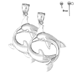 Sterling Silver 38mm Dolphin Earrings (White or Yellow Gold Plated)