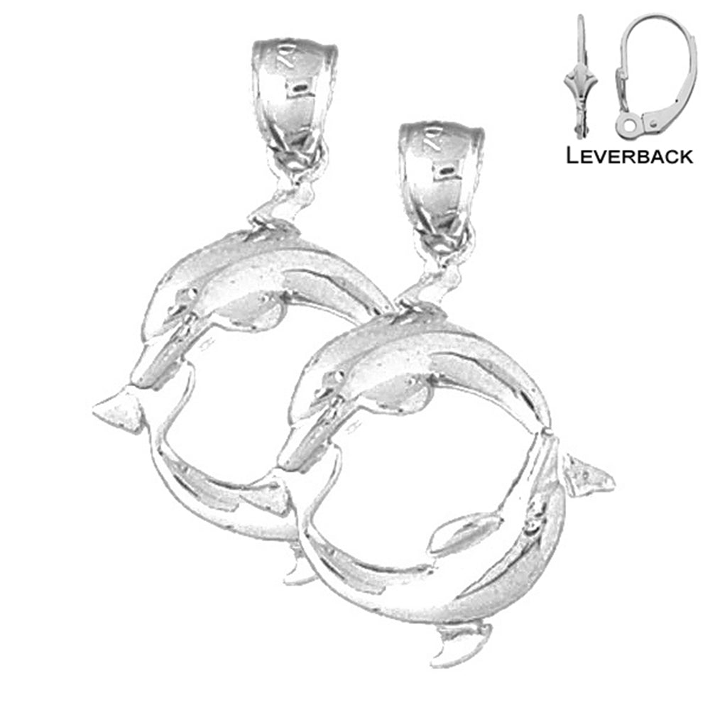 Sterling Silver 33mm Dolphin Earrings (White or Yellow Gold Plated)