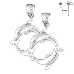 Sterling Silver 33mm Dolphin Earrings (White or Yellow Gold Plated)