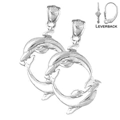 Sterling Silver 30mm Dolphin Earrings (White or Yellow Gold Plated)