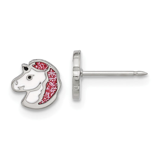 Inverness Stainless Steel White and Pink Glitter Enamel Unicorn Earrings
