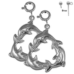 Sterling Silver 31mm Dolphin Earrings (White or Yellow Gold Plated)